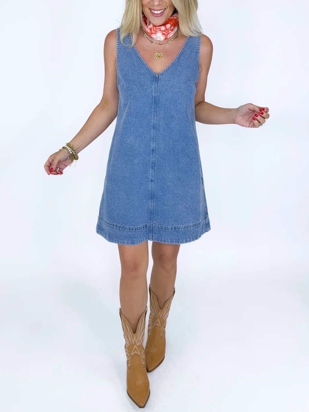 Sleeveless V-Neck Denim Shift Dress in Blue